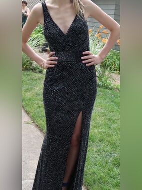 Mac Duggal Black Beaded V-Neck Prom Gown